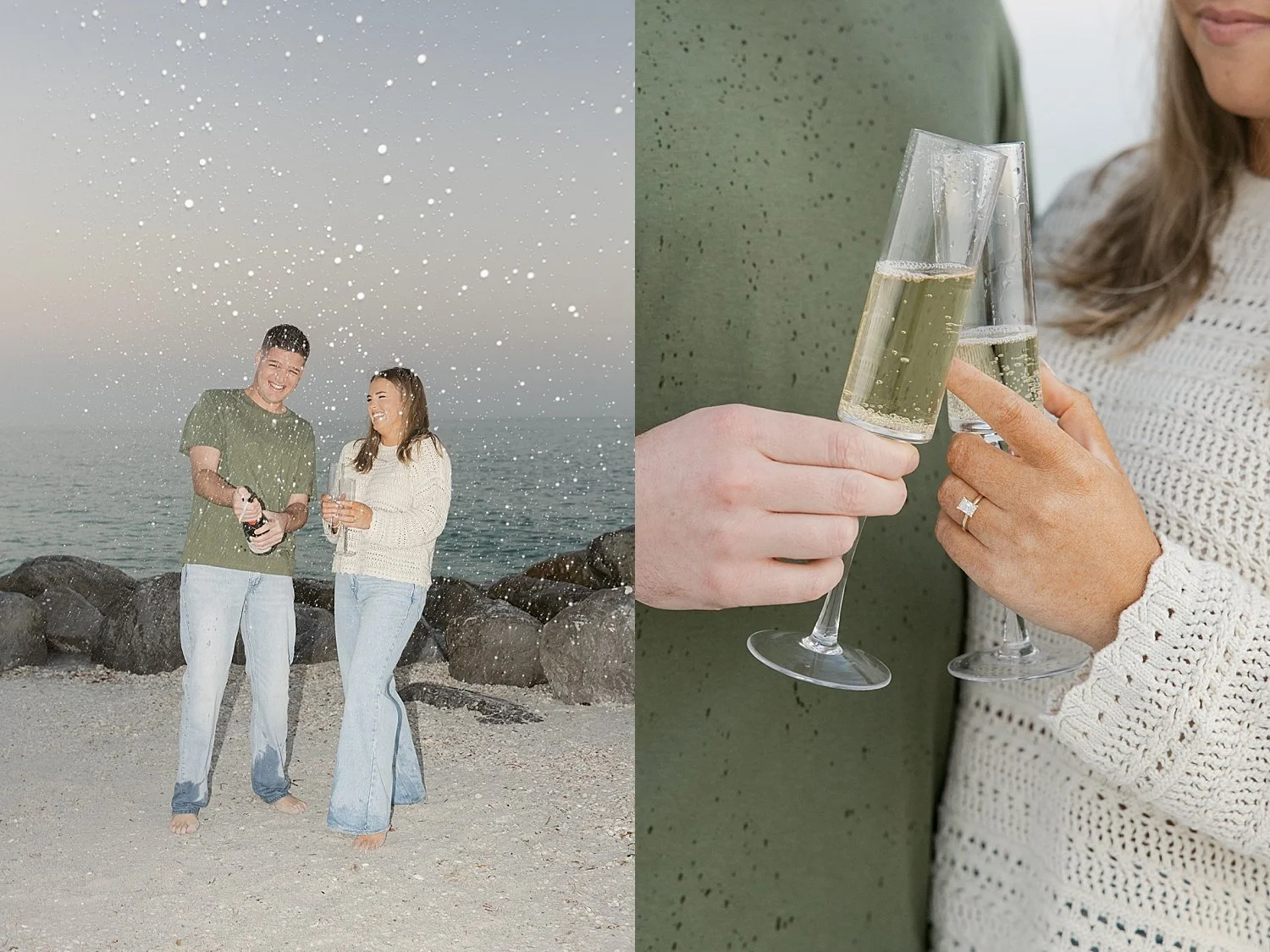  couple pops champagne and tips a toast to their future during sunset by Taylor Shea Photo 