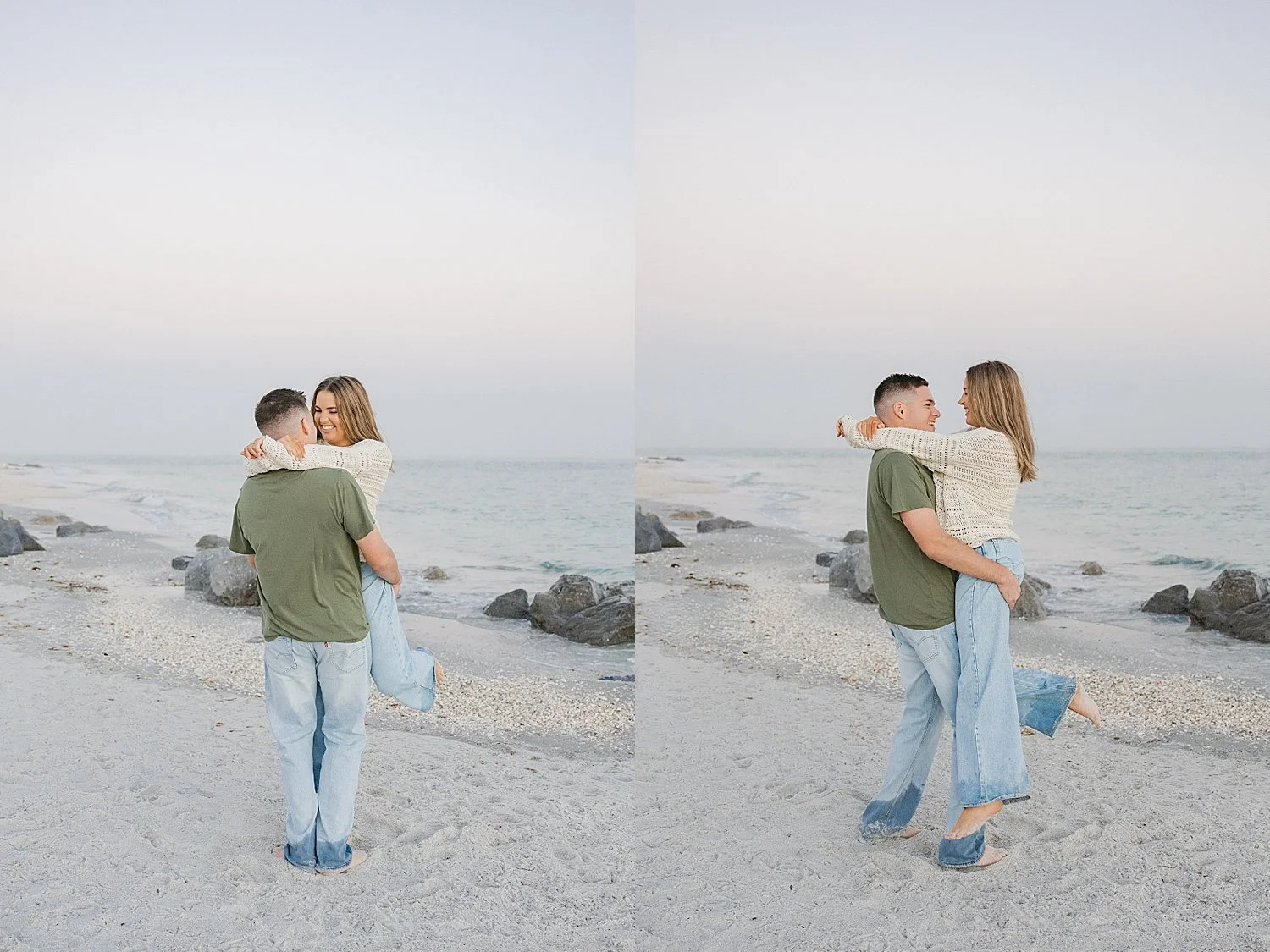  man in green shirt spins his wife-to-be around on sand by Florida wedding photographer 