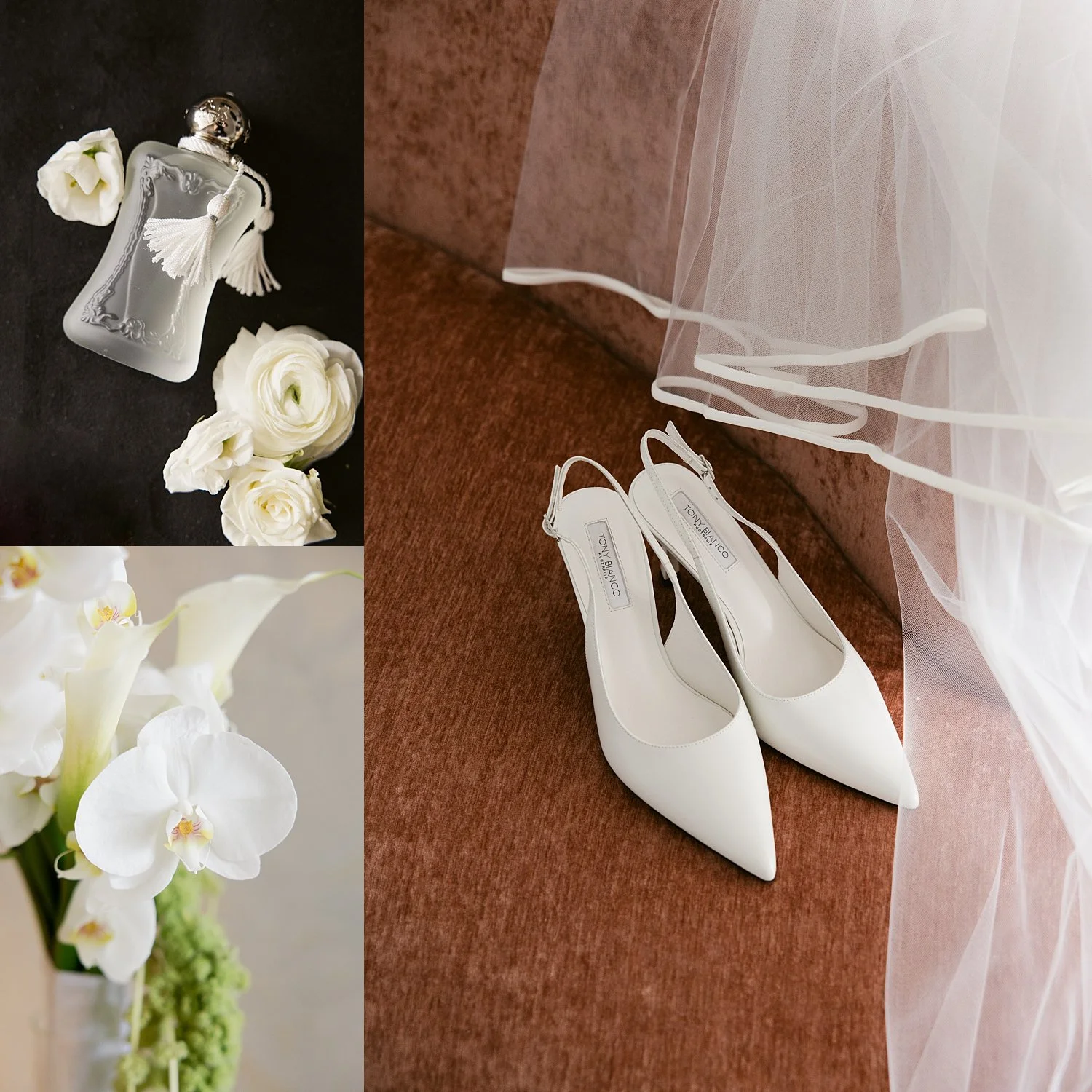  bridal shoes sit on floor with white flowers around by Florida wedding photographer 