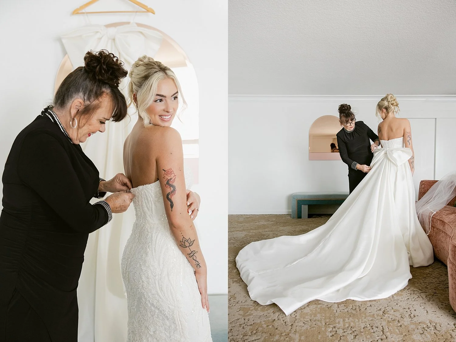  woman zips up bride in her large white dress by Florida wedding photographer 