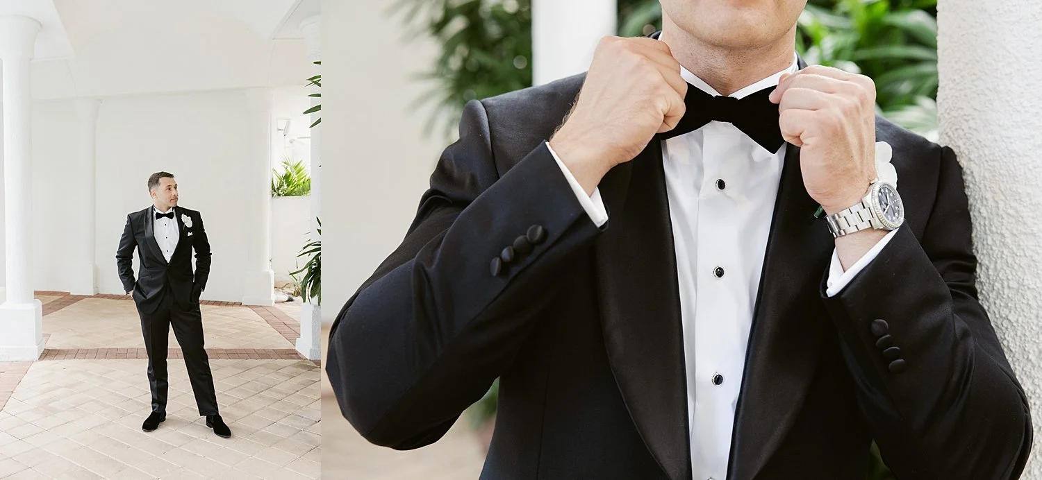  groom adjusts his bowtie by Florida wedding photographer 