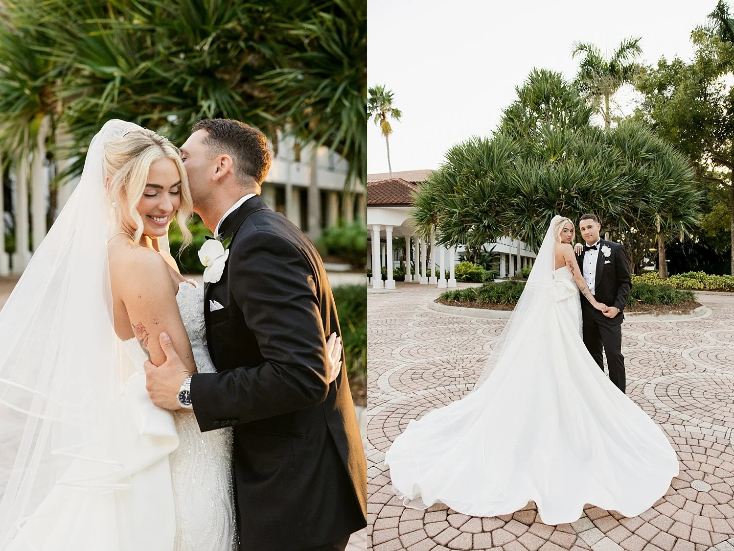  groom kisses brides cheek under trees at PGA National Resort 
