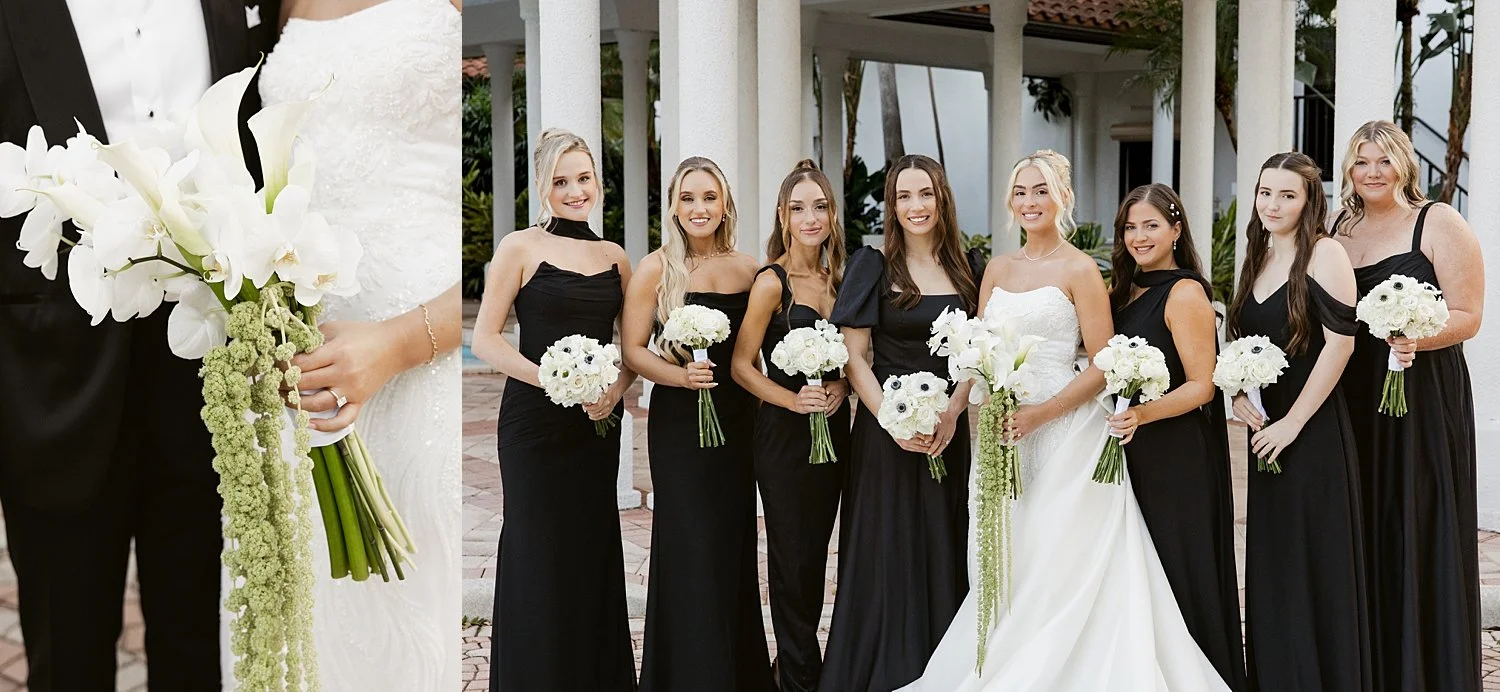  bridesmaids in black dresses stand next to bride by Florida wedding photographer 