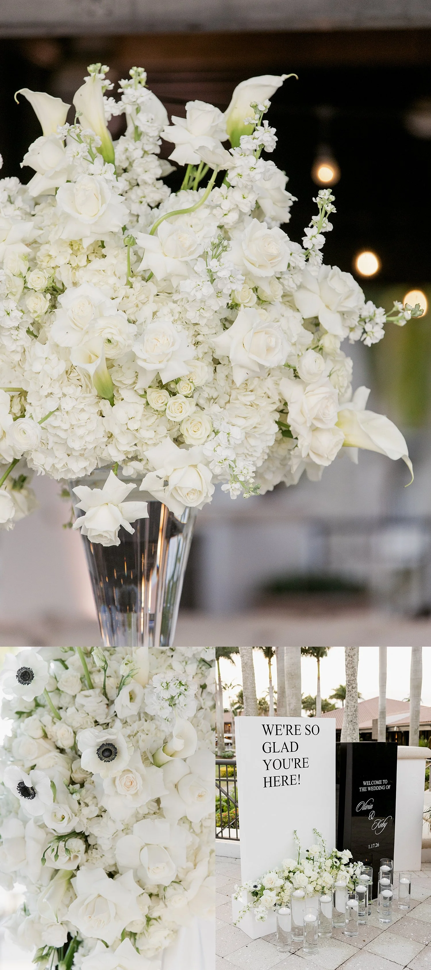  large white florals next to sign before ceremony by Florida wedding photographer 