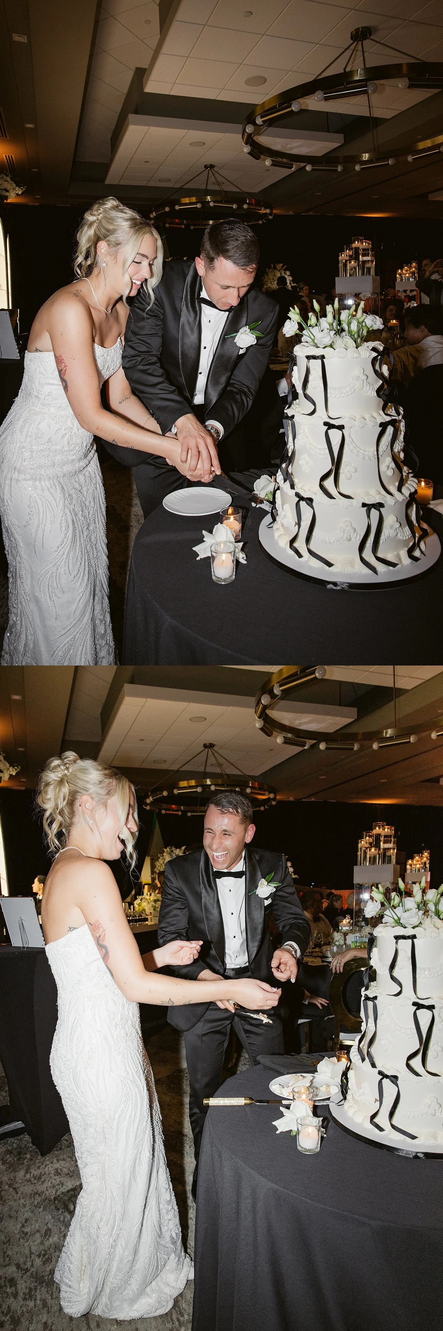  newlyweds cut the cake at their reception by Florida wedding photographer 