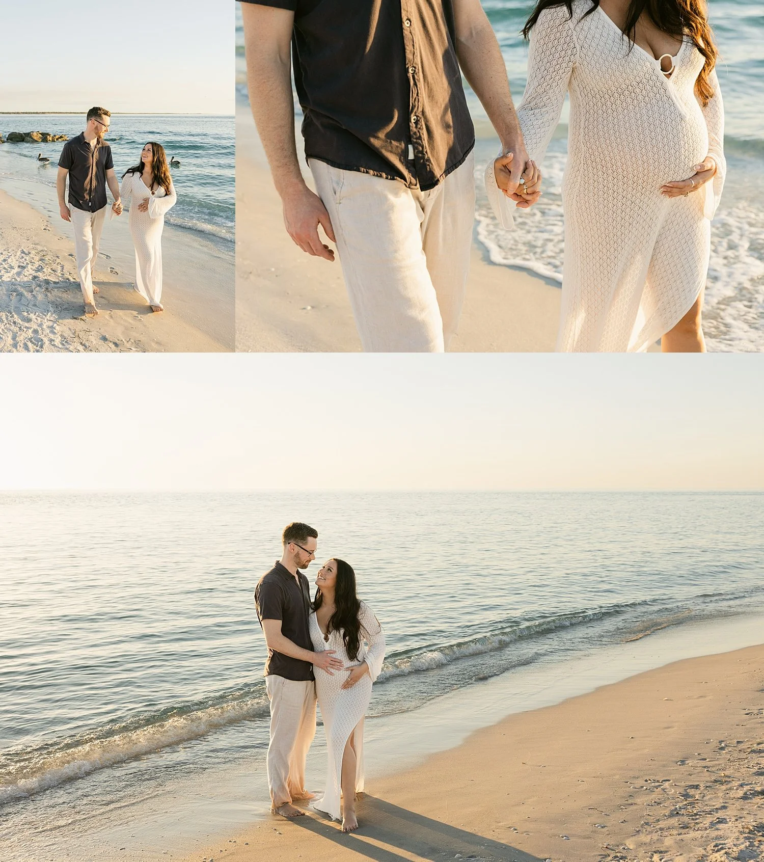 man and woman walk along beach for Gasparilla Island Maternity Session 
