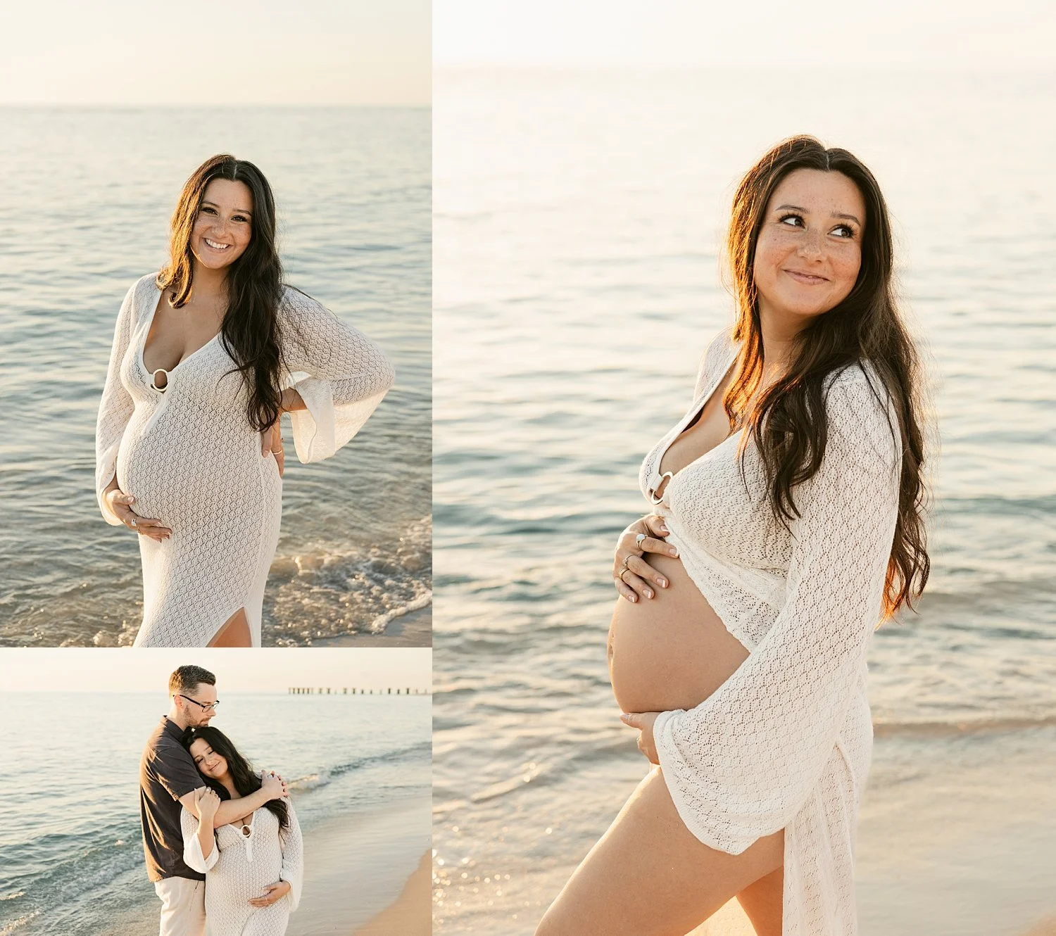  mama in cream dress cradles belly by ocean by Florida wedding photographer 