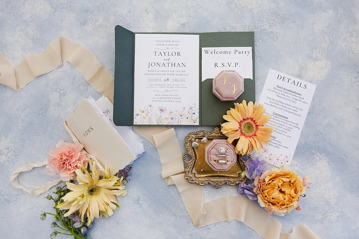  colorful invitation suite for big day at Mill Pond Estate 