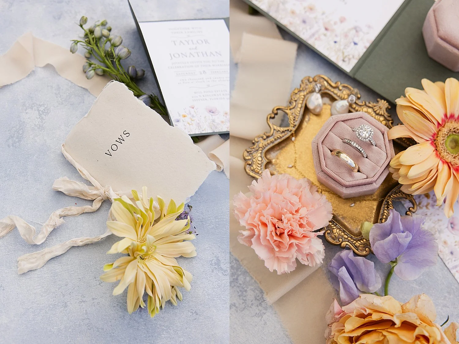  invitation suite with pink, orange and purple flowers around by Florida wedding photographer 