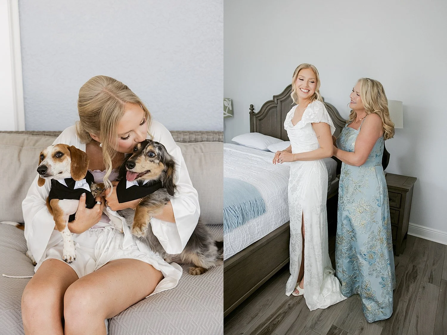  bride snuggles her dogs in the getting ready suite by Florida wedding photographer 
