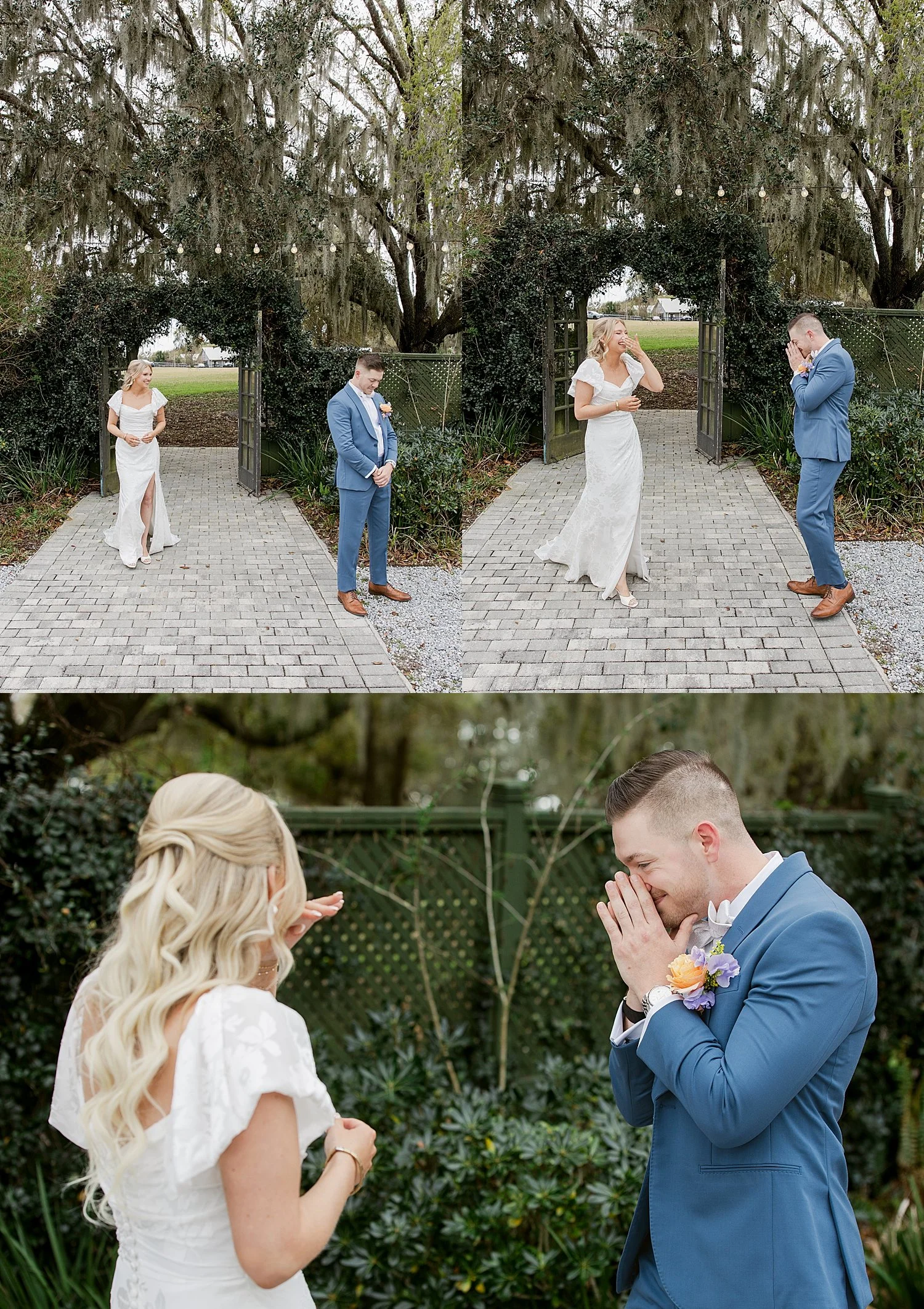  groom cries during first look on the lawn by Florida wedding photographer 