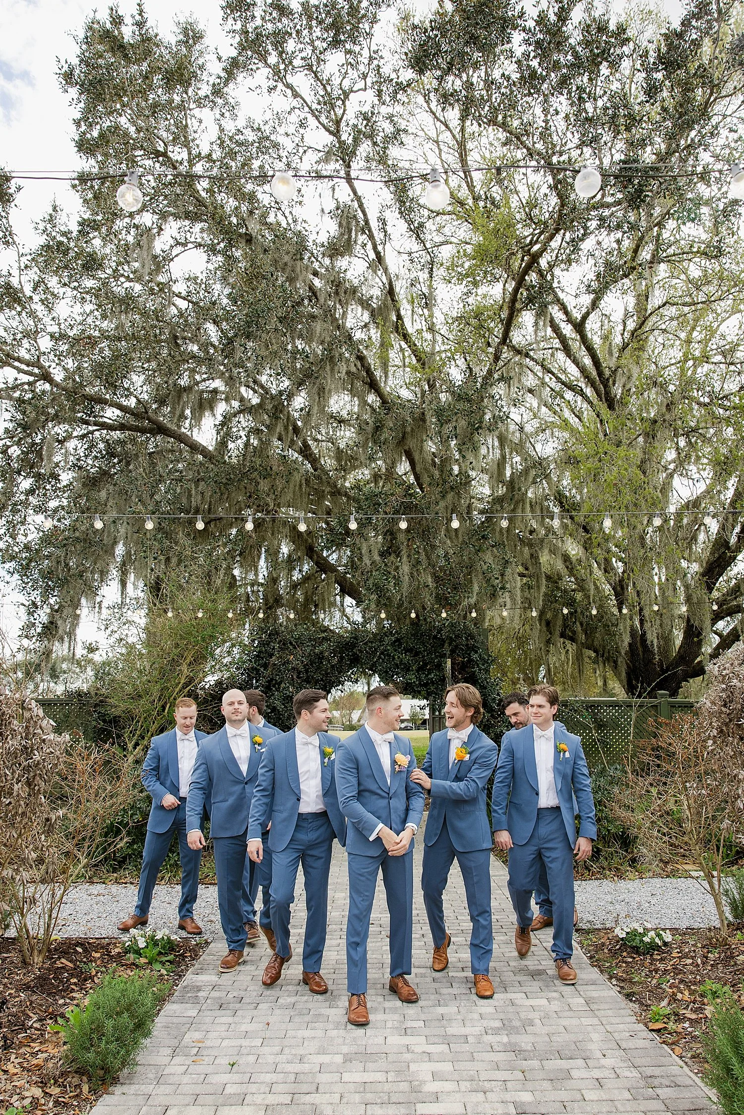  groomsmen in blue walk down pathway together by Taylor Shea Photo 