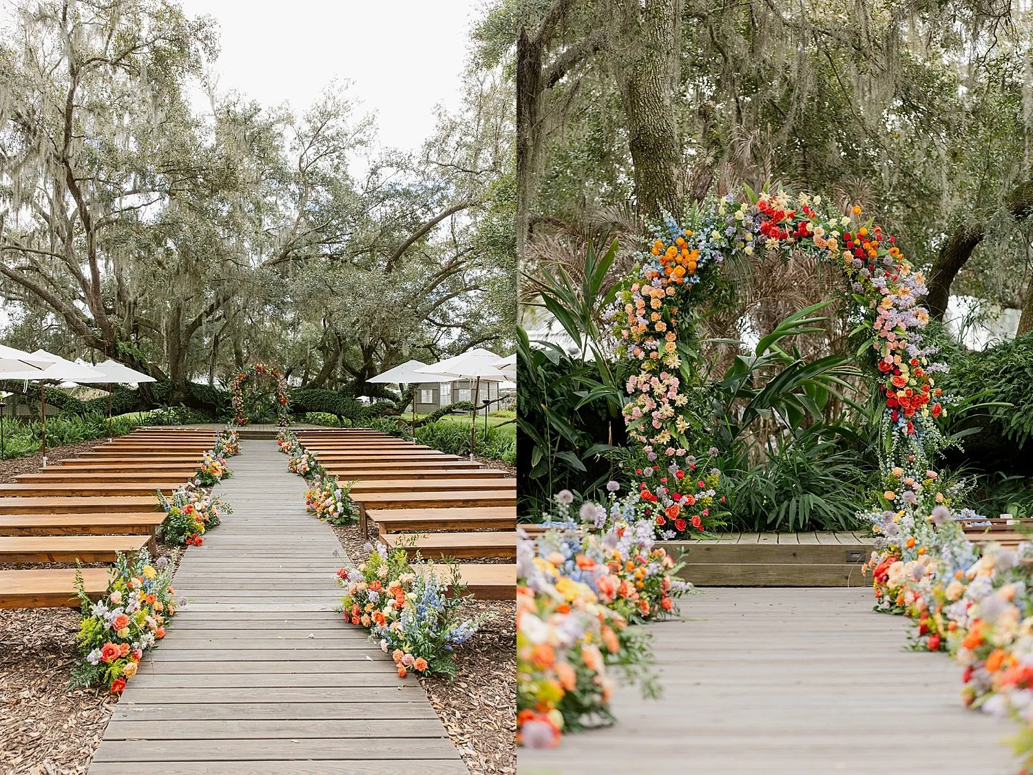 outdoor ceremony space set up for guests with orange and pink flowers by Florida wedding photographer 