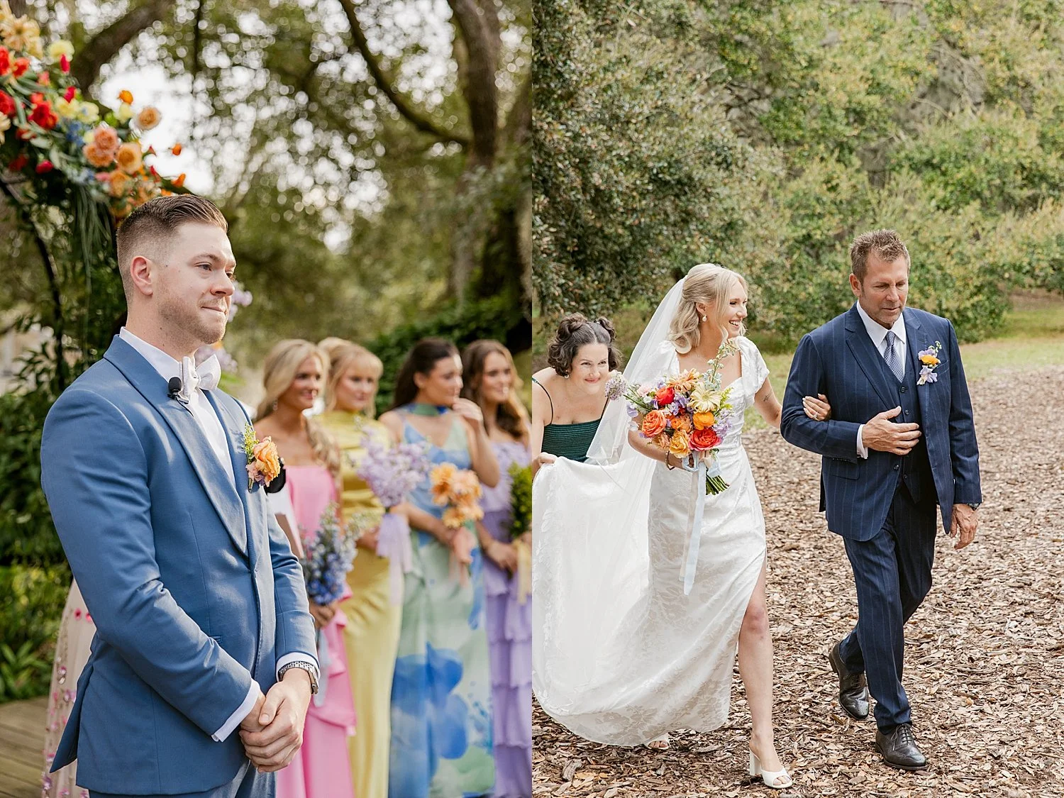  woman walks up to her outdoor ceremony at Mill Pond Estate 