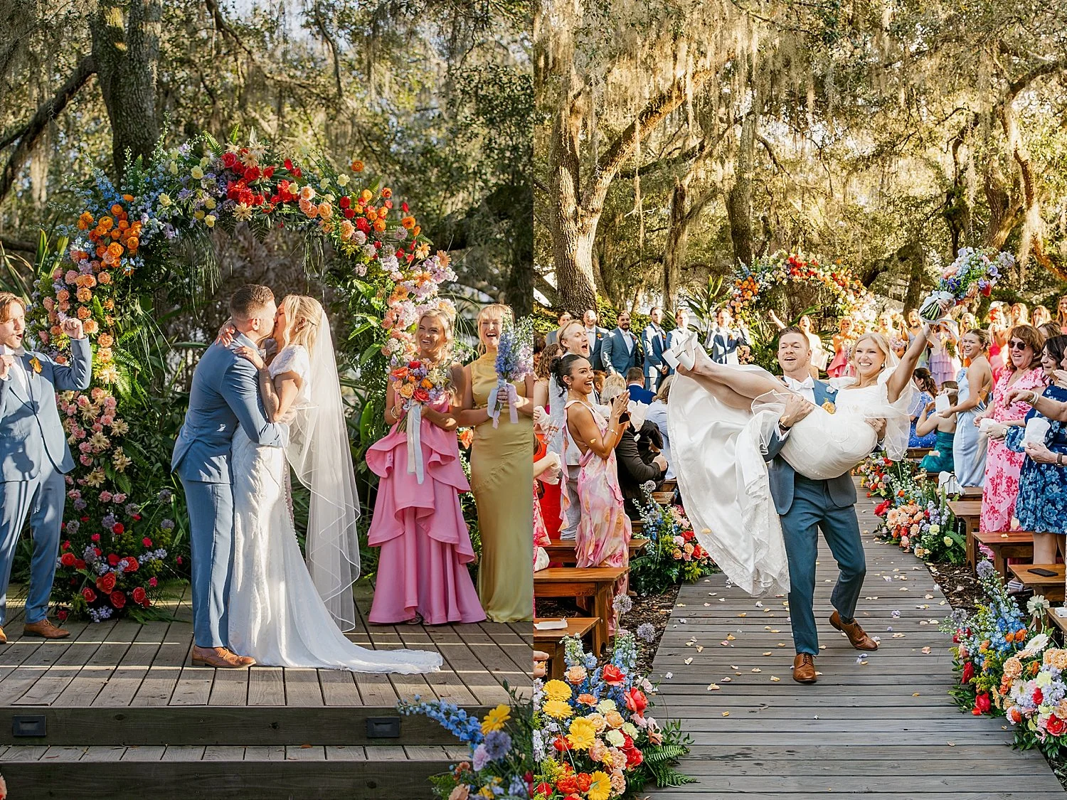  bride and groom share a first kiss at colorful alter at Mill Pond Estate 