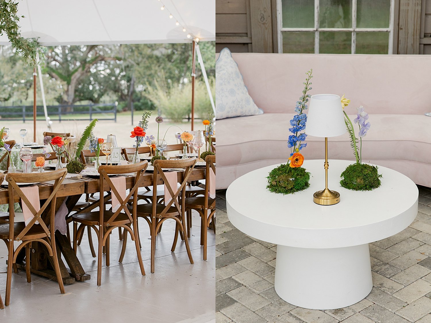  long tables with bright flowers under a tent by Florida wedding photographer 