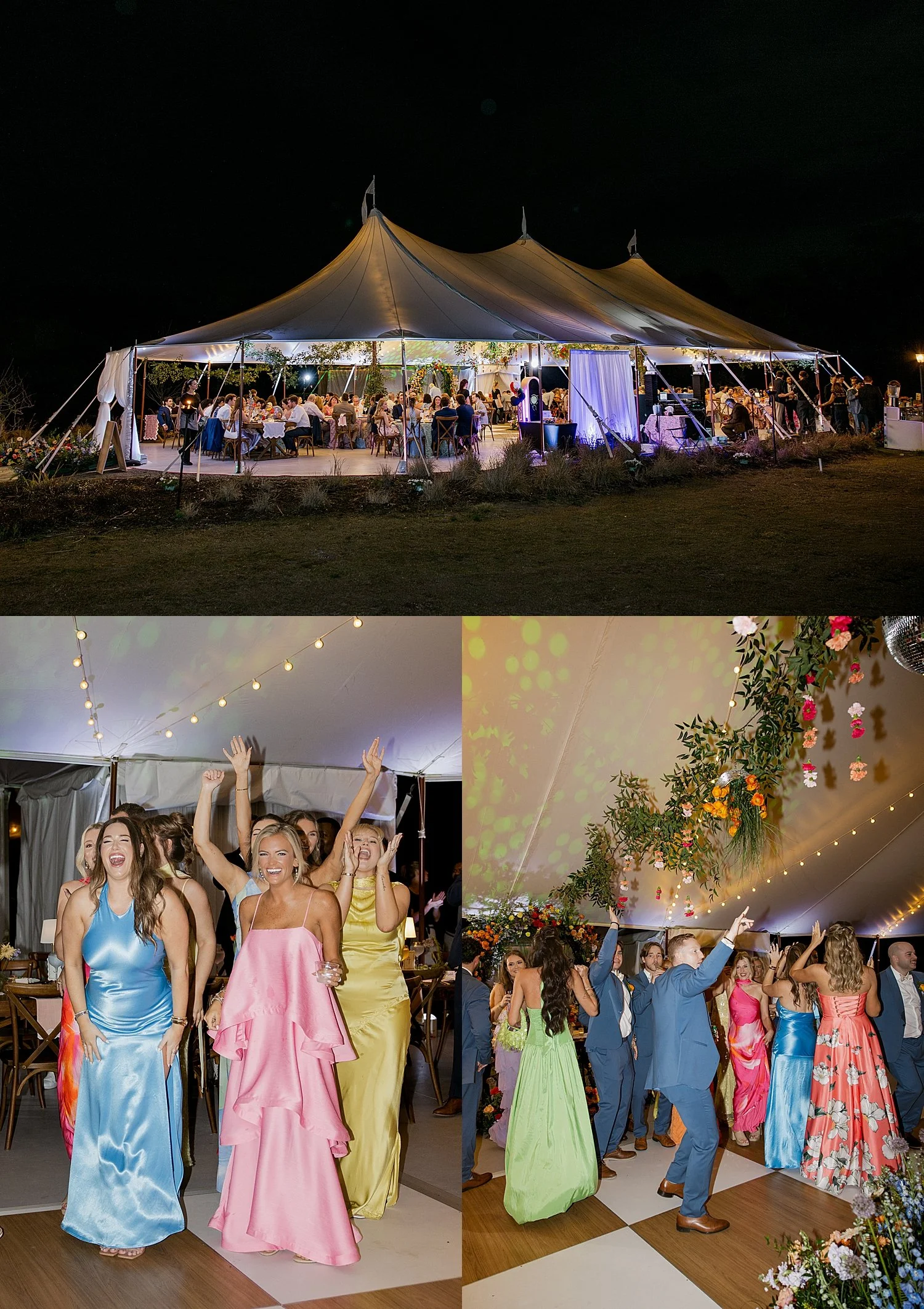  guests dance under tent for reception at Mill Pond Estate 
