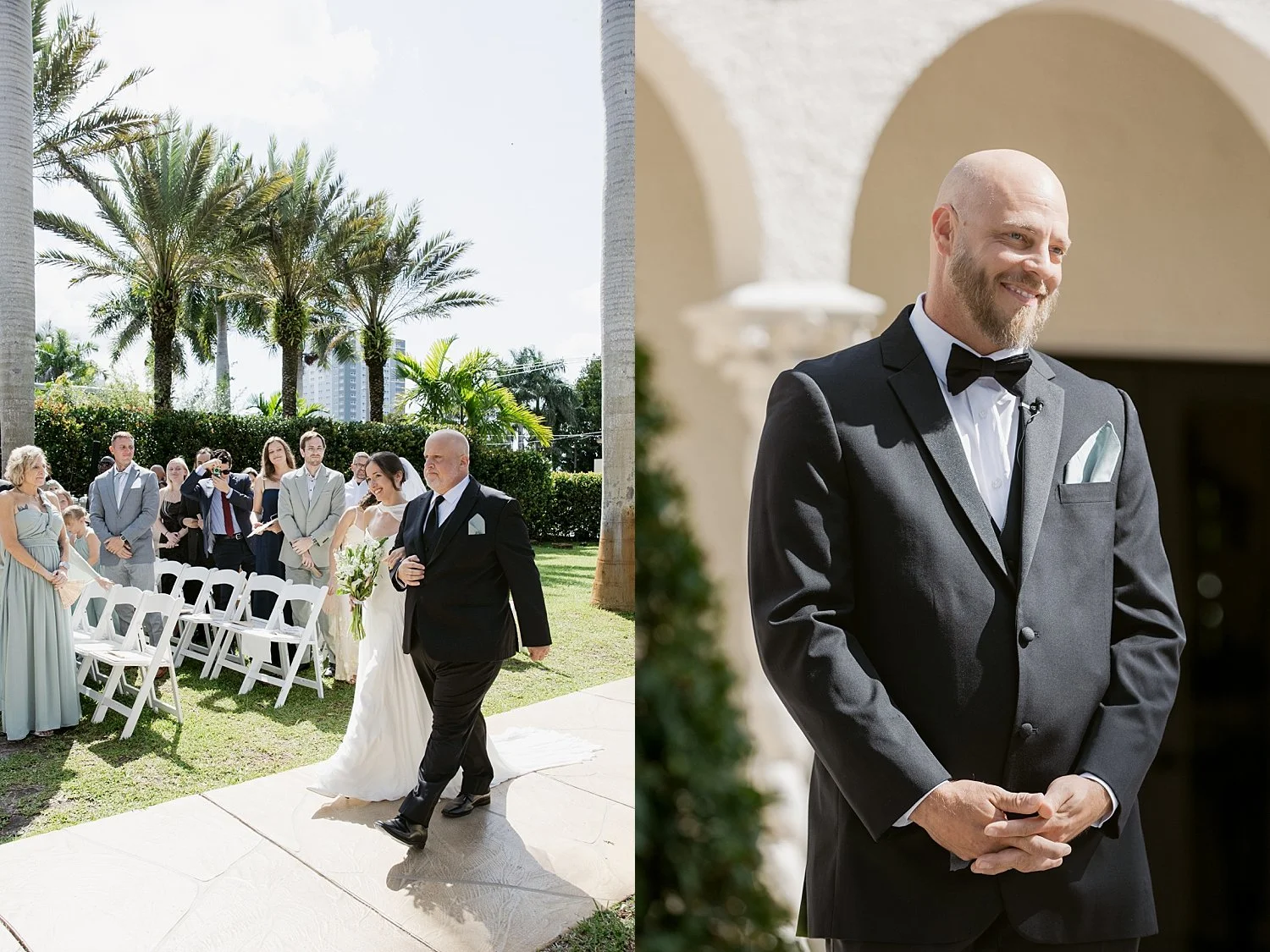  groom watches his bride walk down outdoor aisle by Florida wedding photographer 