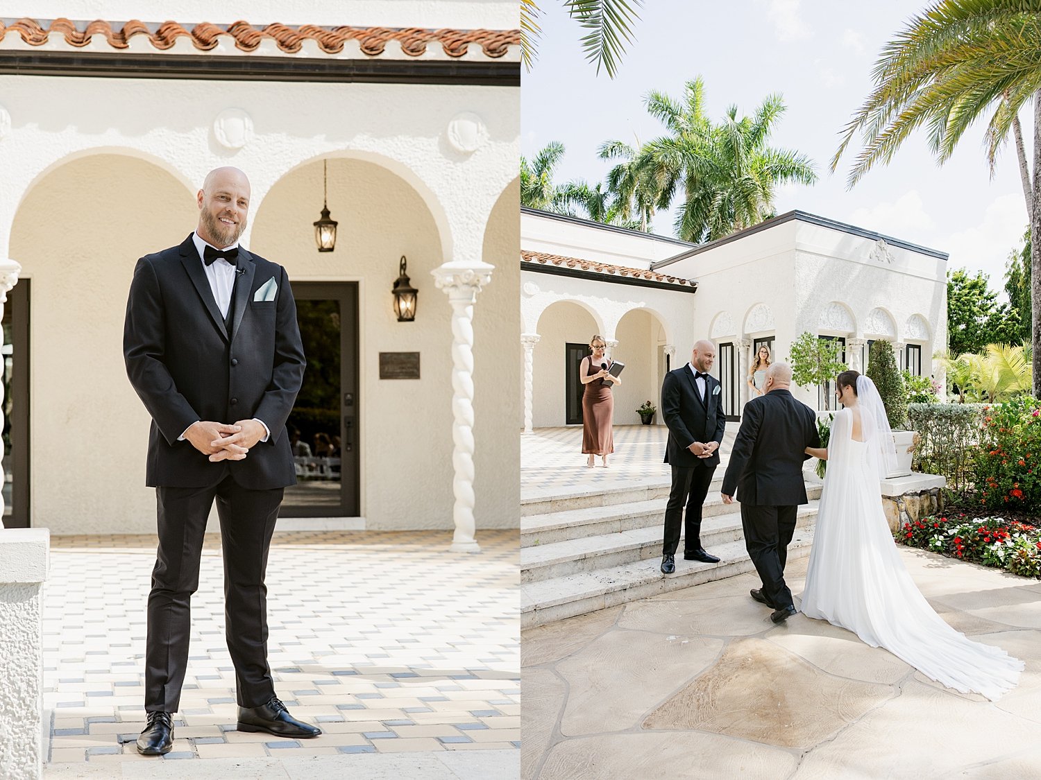  groom stands in courtyard watching his bride during ceremony by Florida wedding photographer 