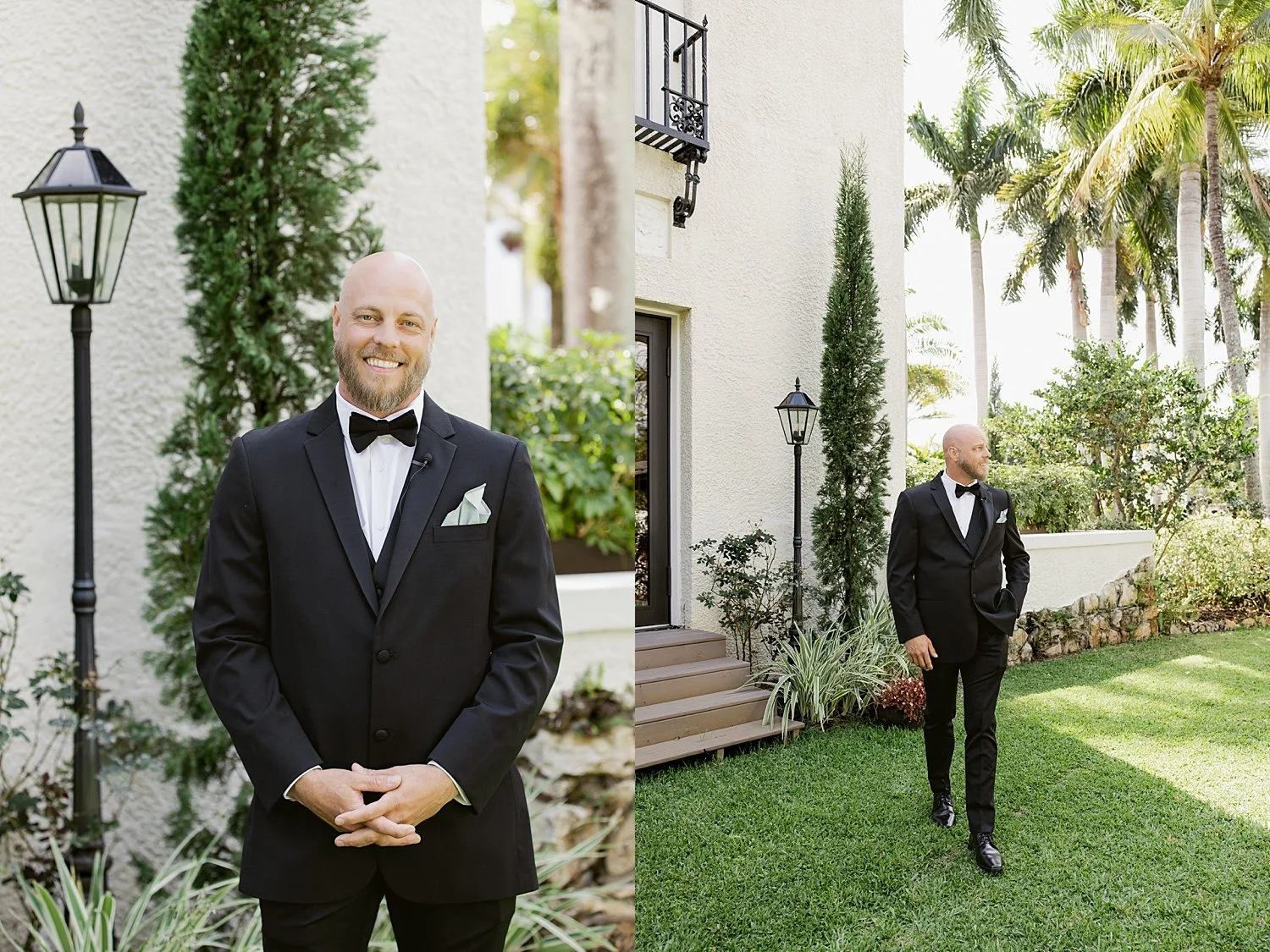  groom in black suit stands on lawn at Alderman House by Taylor Shea Photo 