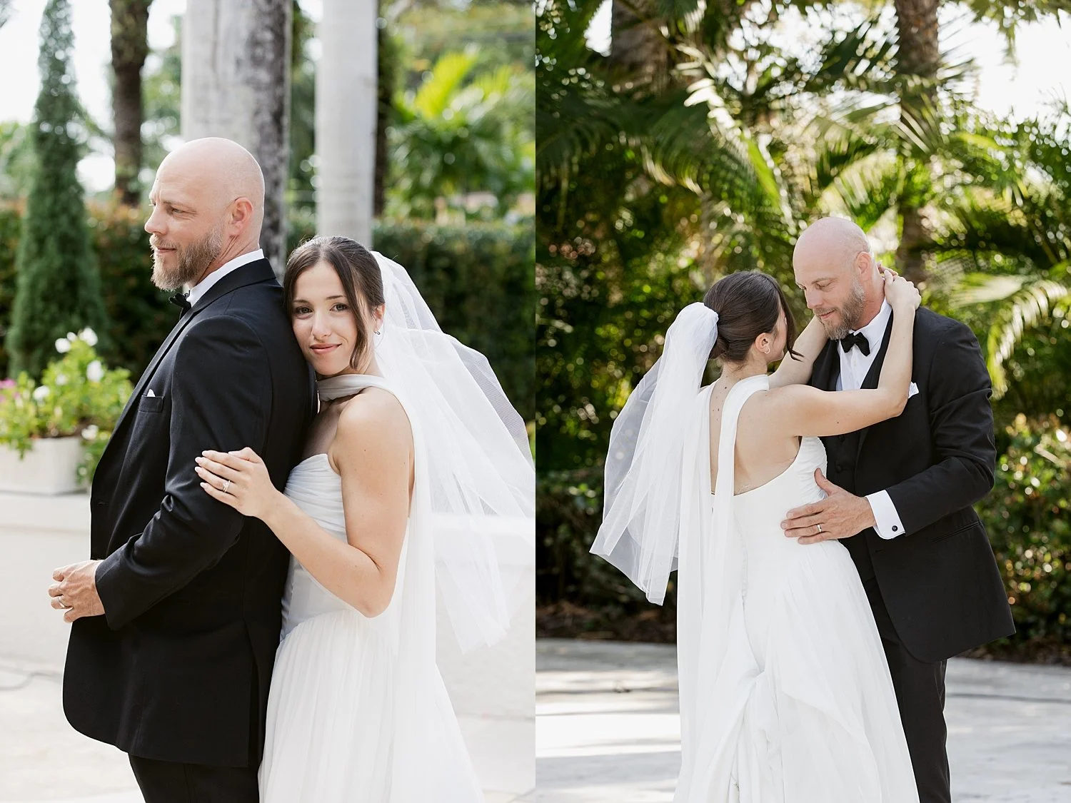  newlyweds embrace under palm trees by Florida wedding photographer 