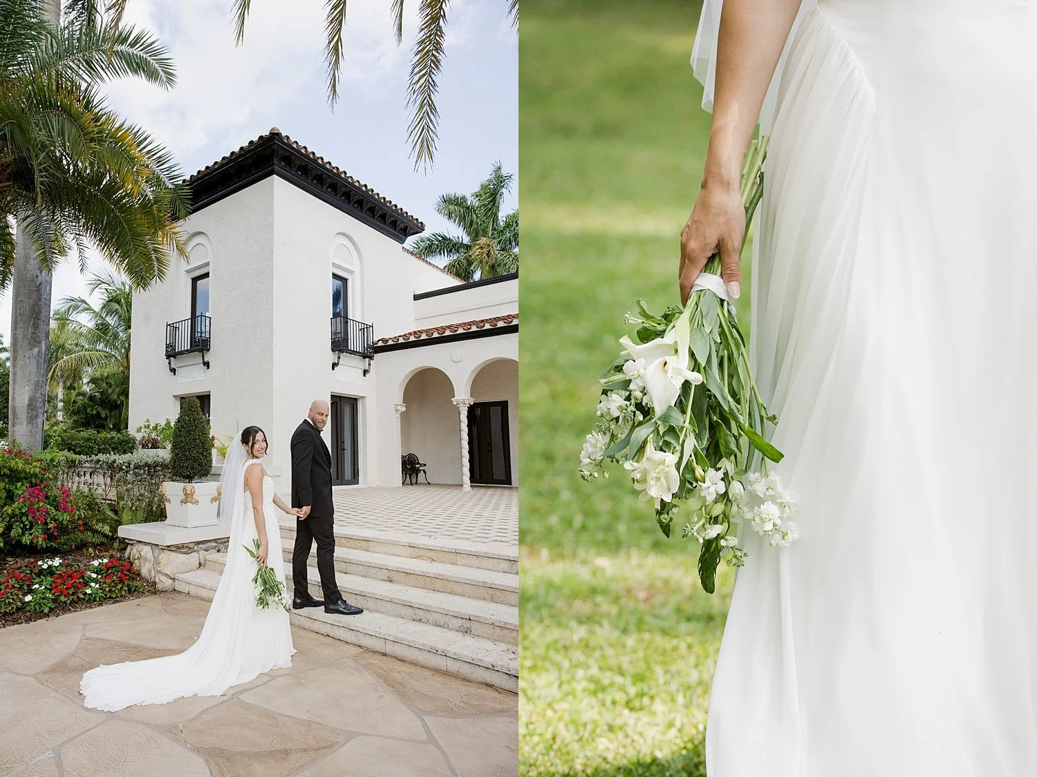  new husband and wife walk through a gorgeous courtyard for their ceremony + newlywed portraits 