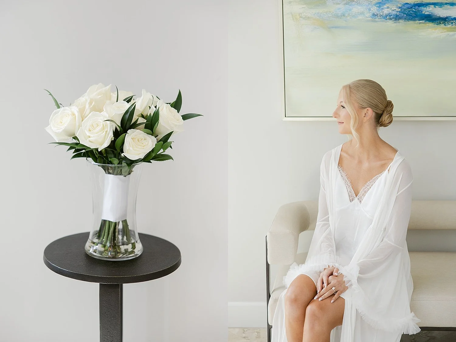  bride sits by flowers before her big day at Hideaway Beach Club 