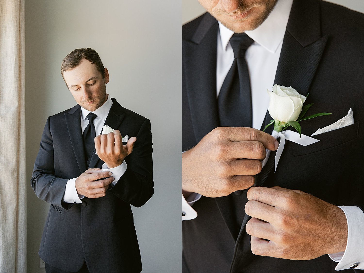 groom straightens his black jacket at Hideaway Beach Club 