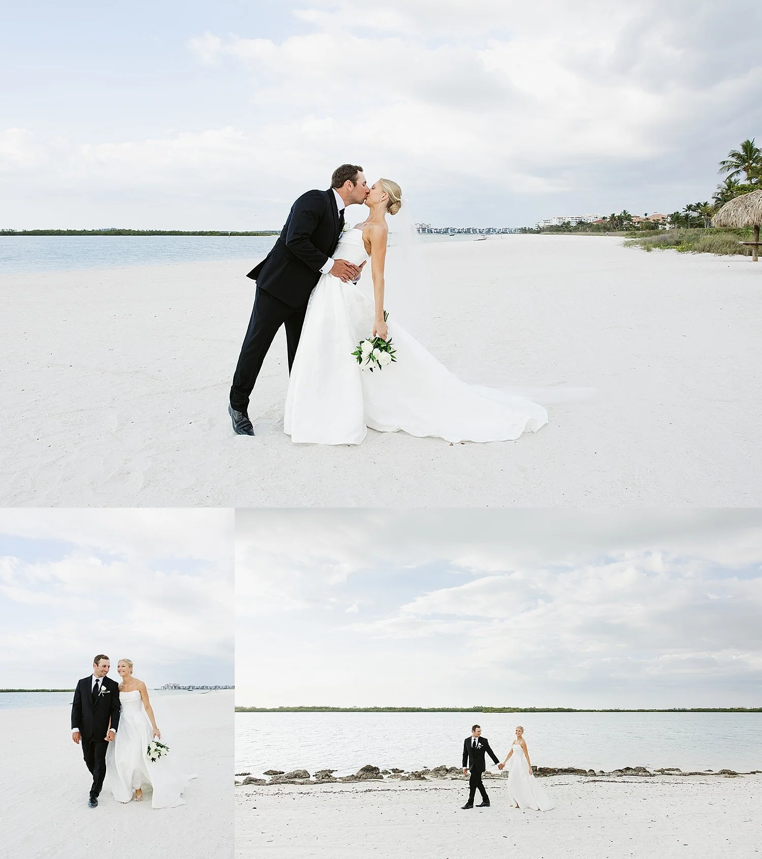  newlyweds share a kiss on the sand at Hideaway Beach Club 