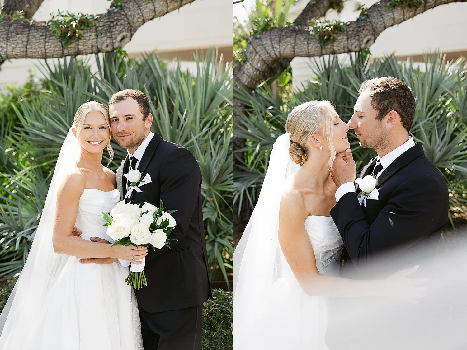  newlyweds stand in front of green bush at Hideaway Beach Club 