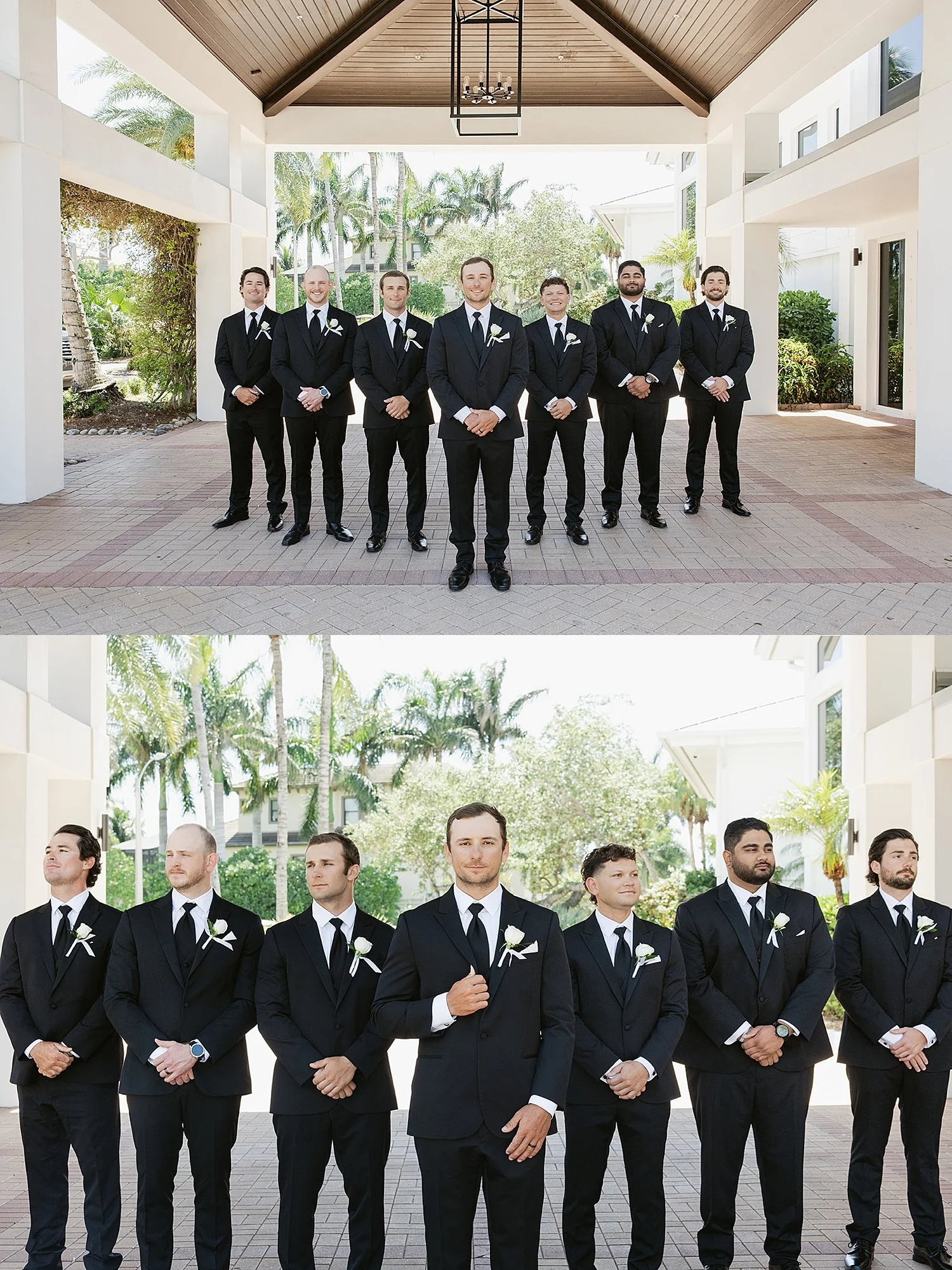  groomsmen stand with their friend under an awning by Florida wedding photographer 