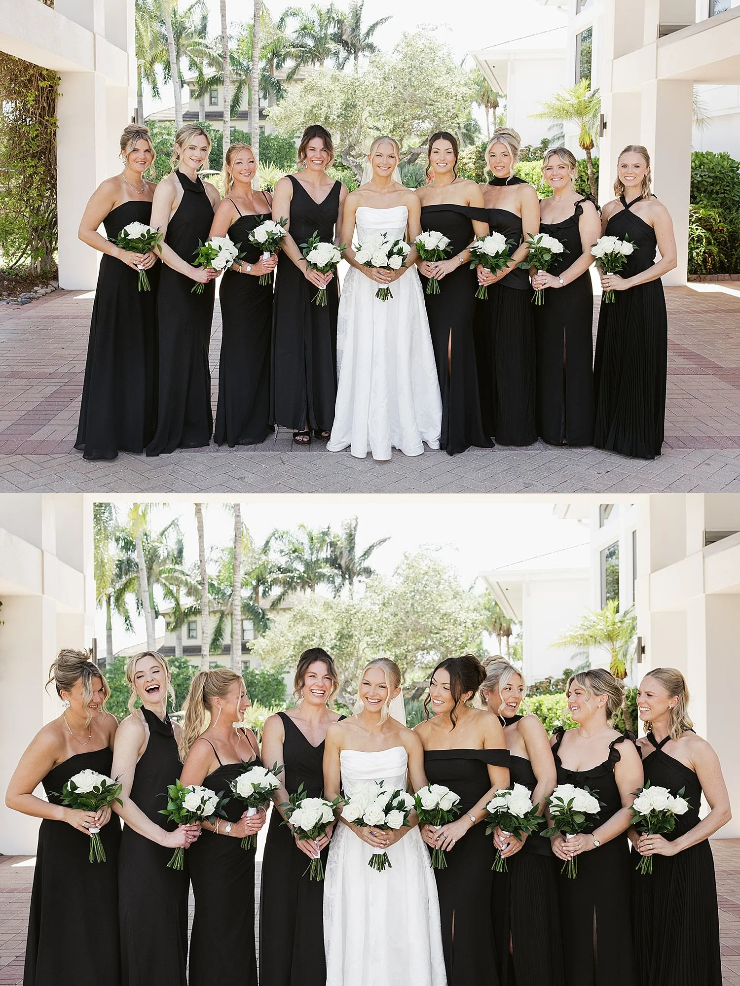  bride stands next to bridesmaids in black at Hideaway Beach Club 