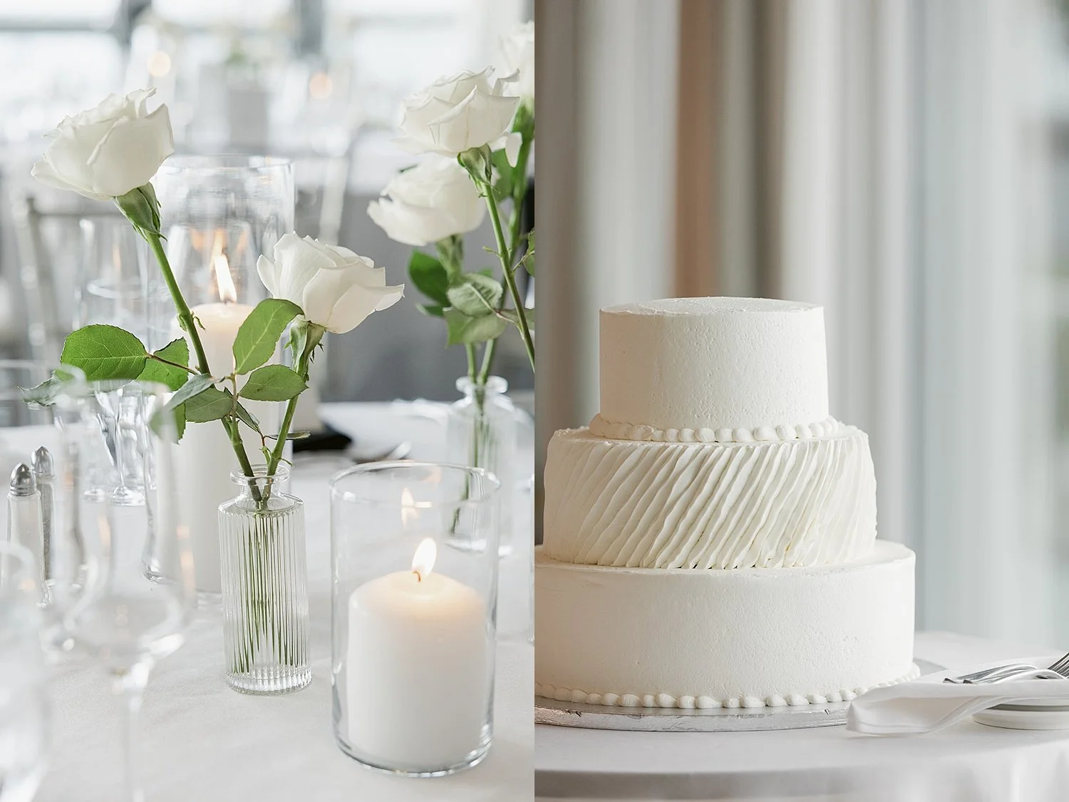  three tier white cake on table at reception at Hideaway Beach Club 