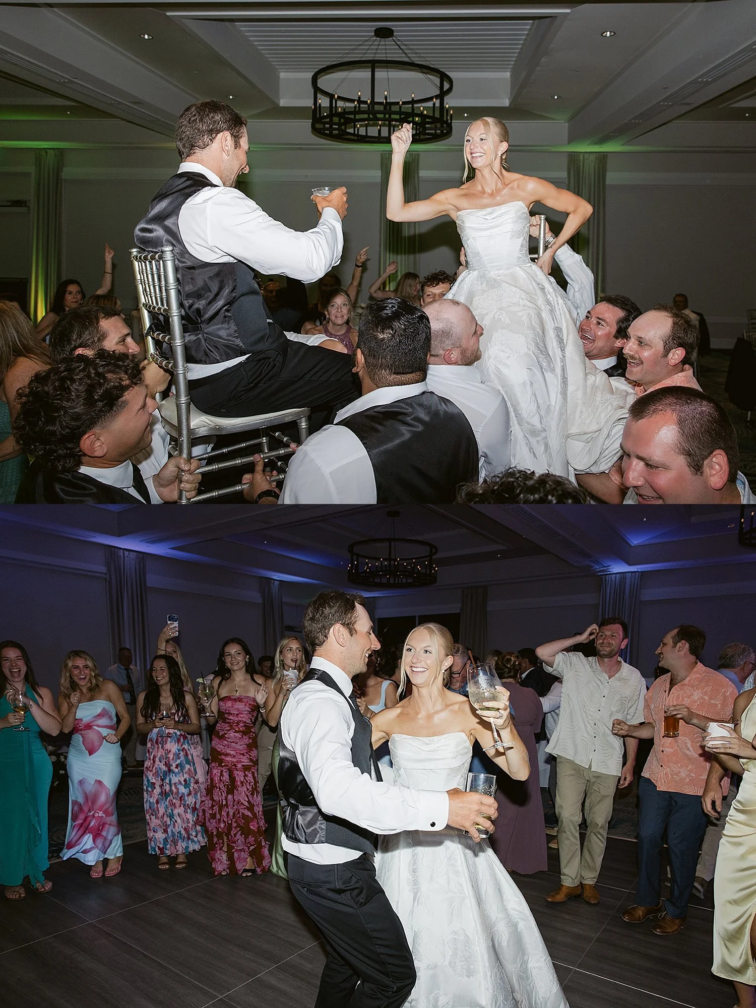  newlyweds up on chairs on dance floor at reception at Hideaway Beach Club 