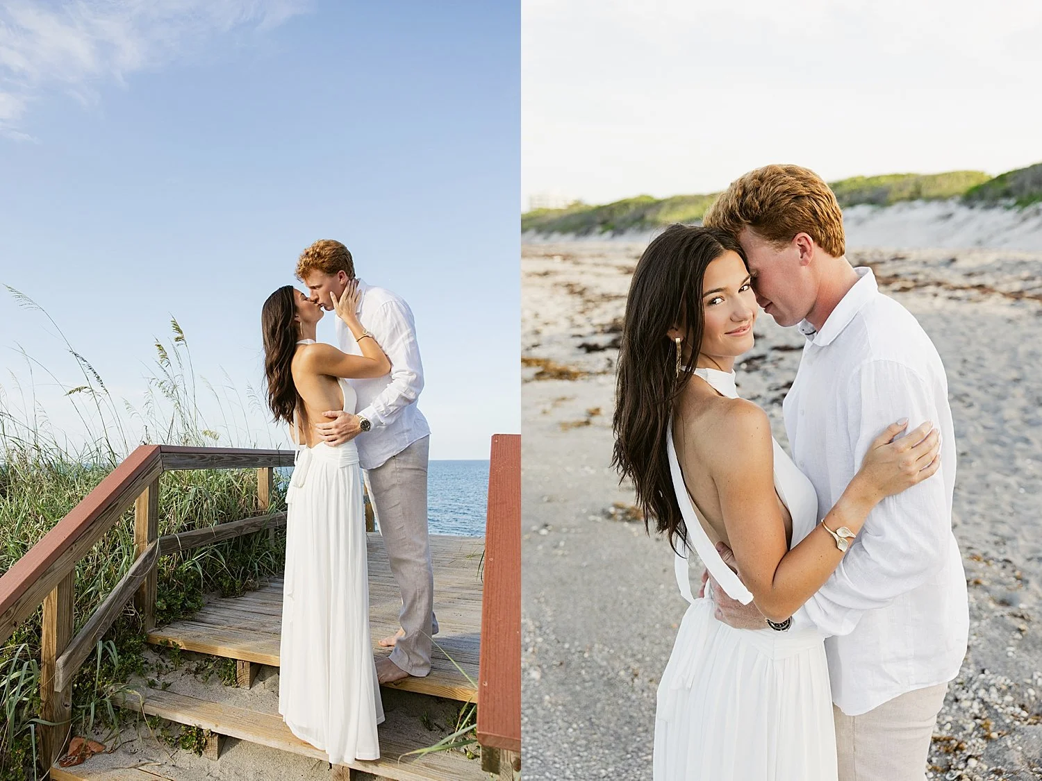  engaged couple hug on dock by the sand by Florida wedding photographer 