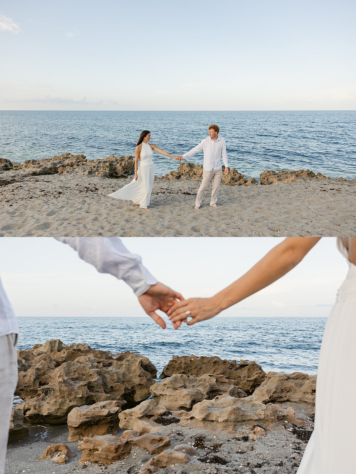  man and woman walk hand in hand down Jupiter Beach 