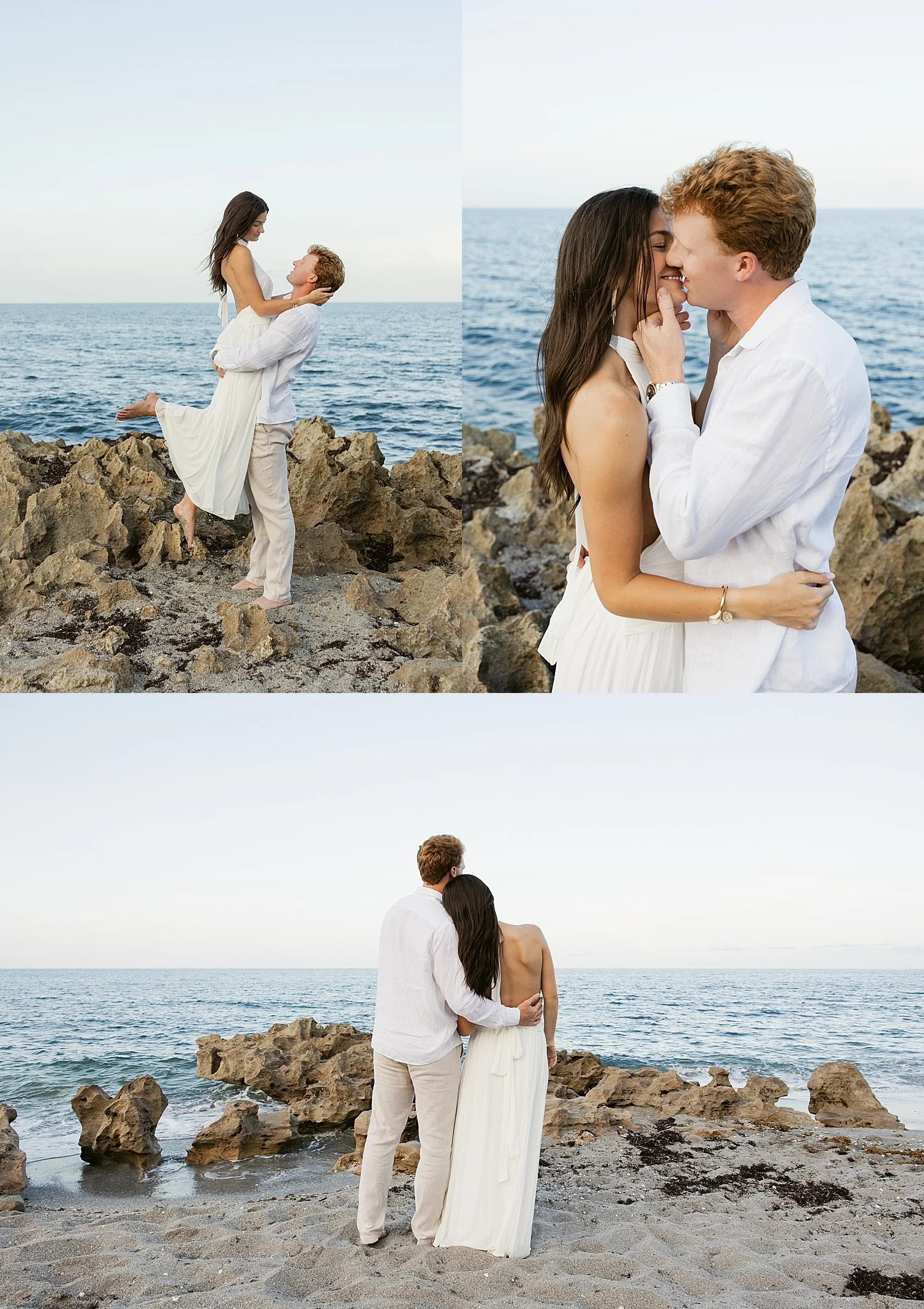  man and woman share a kiss while standing ankle deep in the ocean by Florida wedding photographer 
