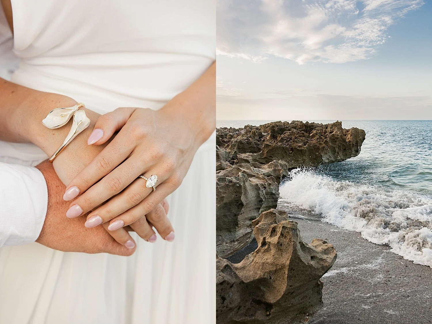  diamond ring on woman’s finger near the ocean by Taylor Shea Photo 