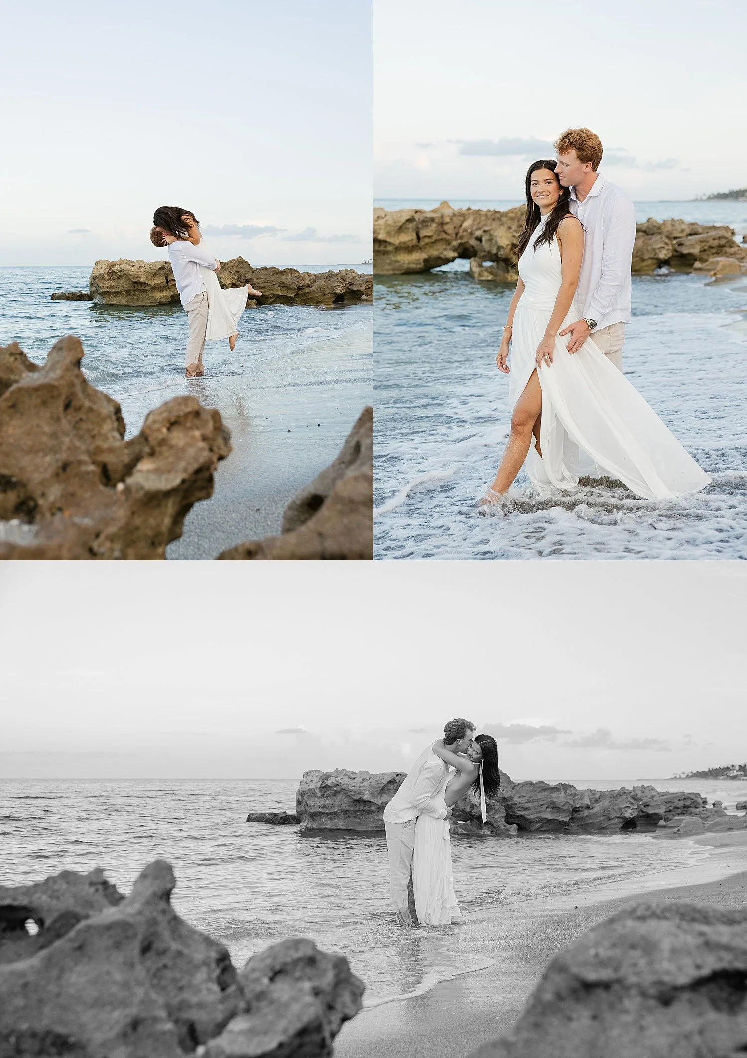  man lifts his fiancé for a kiss while standing in the ocean by Florida wedding photographer 