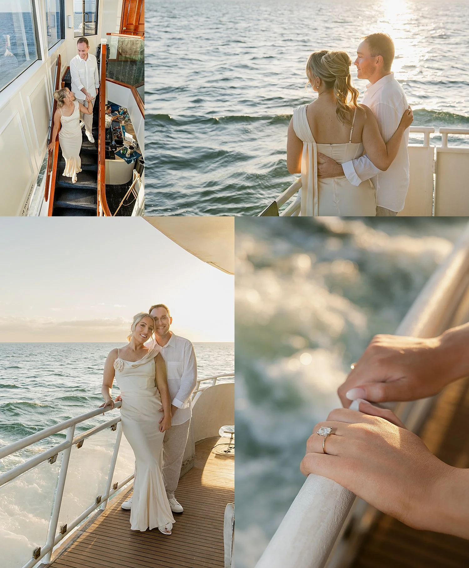 bride and groom lean up against railing for wedding weekend on yacht 