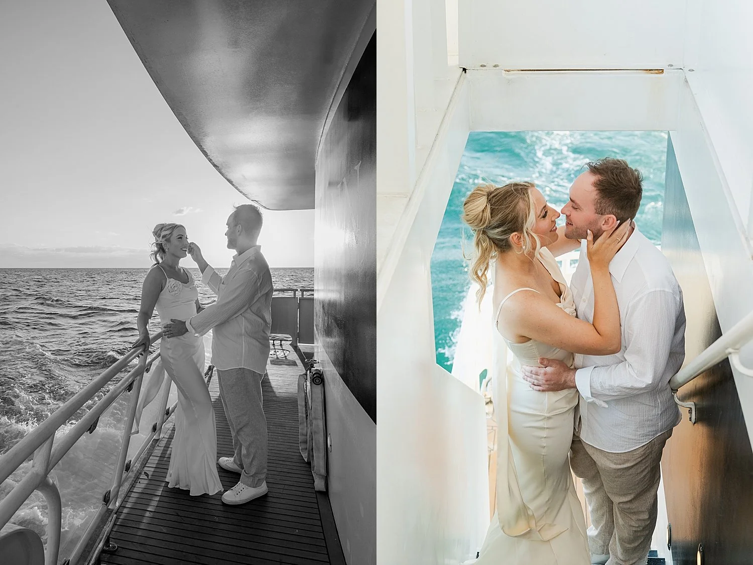  newlyweds kiss on stairs for wedding weekend on yacht 