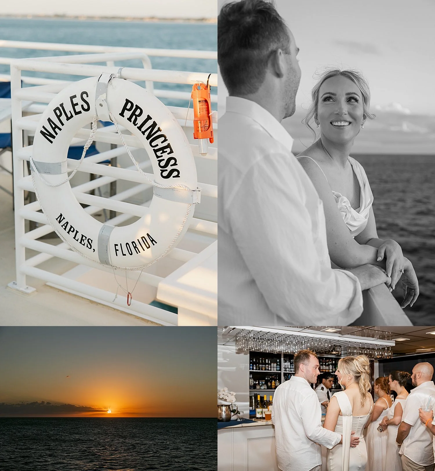  woman looks up at her man leaning over the edge of boat for wedding weekend on yacht 