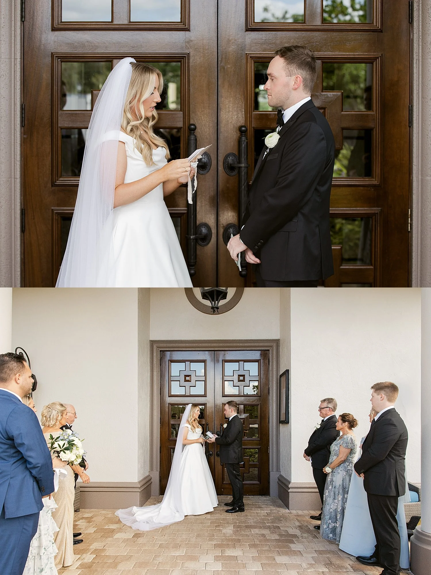  bride and groom share private vows in front of big doors by Florida photographer 