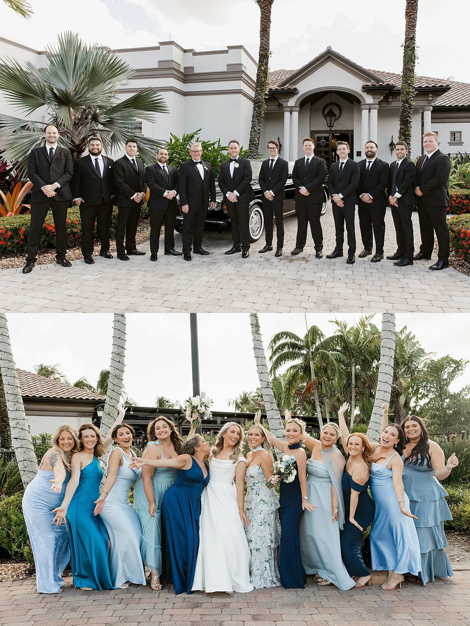  bridesmaids in blue dresses and groomsmen in black suit outside by Florida photographer 