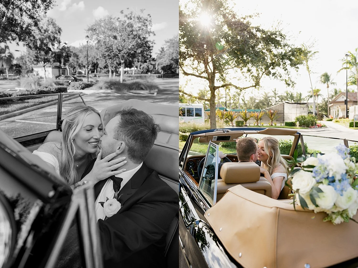  couple kiss in a bentley after ceremony by Taylor Shea Photography 