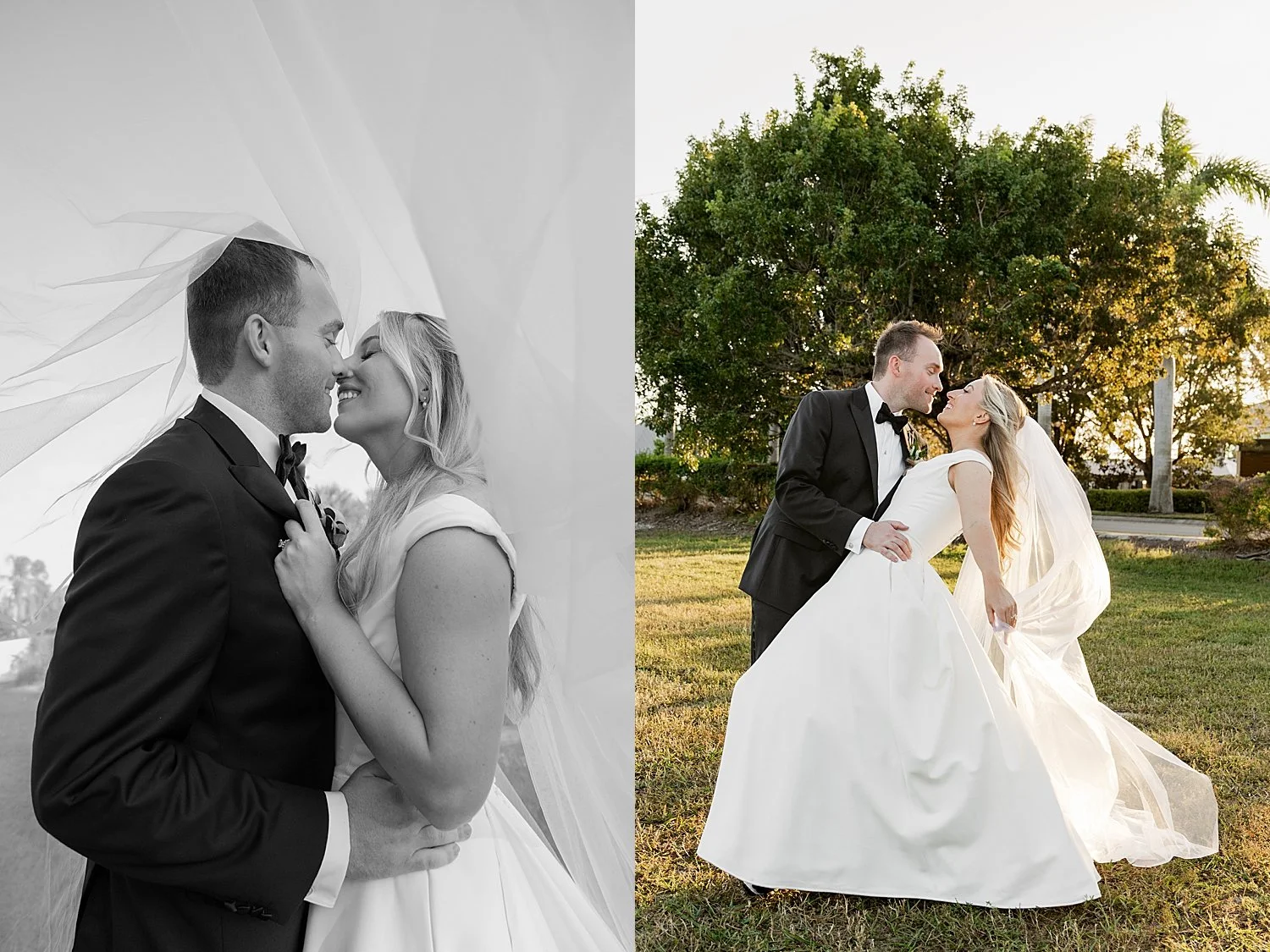  newlyweds walk through field at golden hour by Florida photographer 