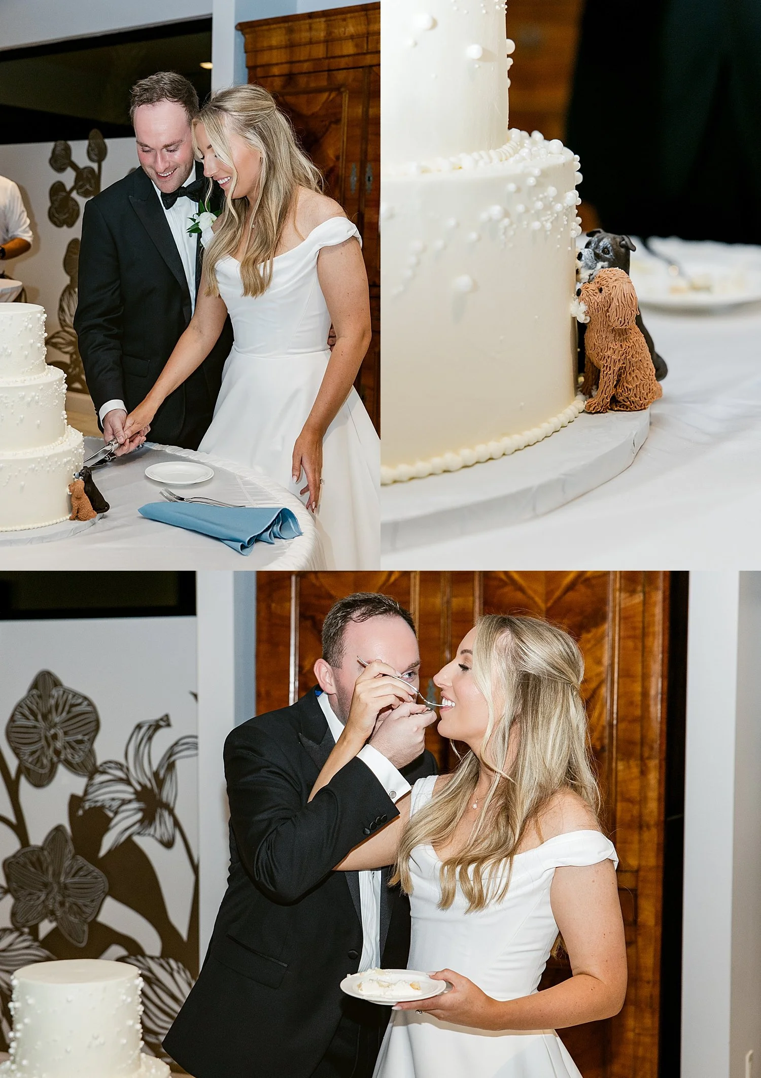  bride and groom cut cake and feed to each other during wedding weekend 