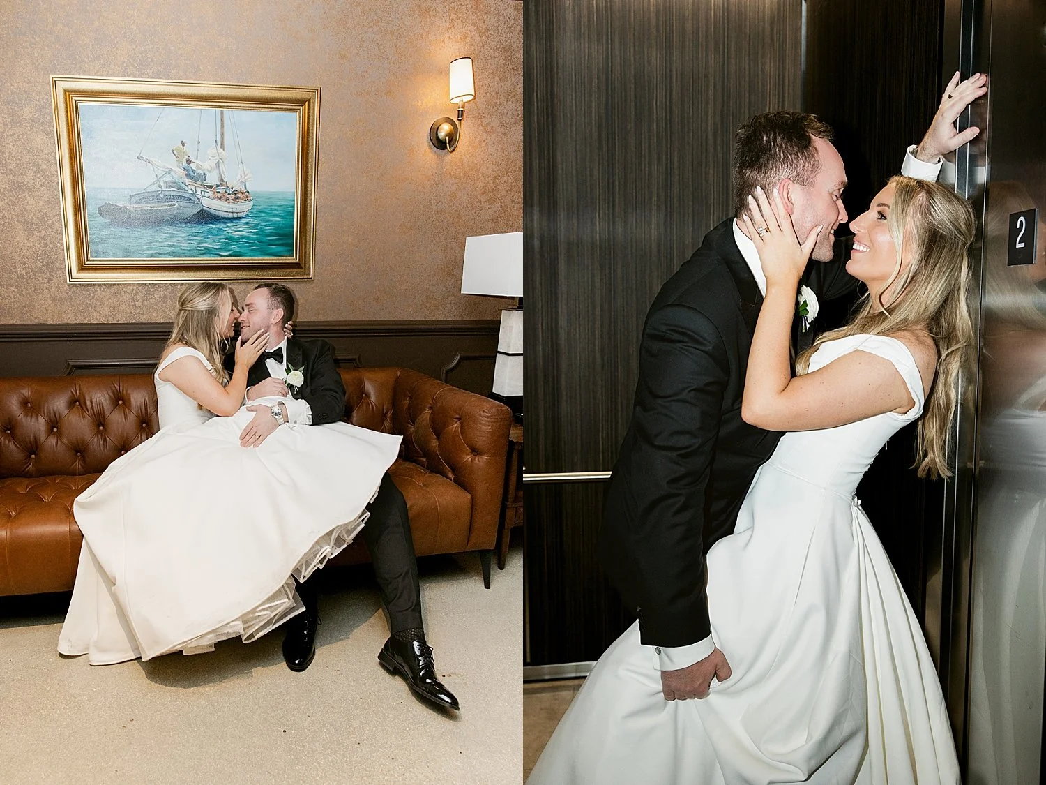  man kisses his new wife on red couch for wedding weekend 