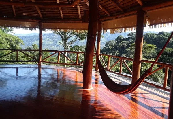 View from a wooden deck with a hammock, overlooking a lush green forest and hills under a clear sky.