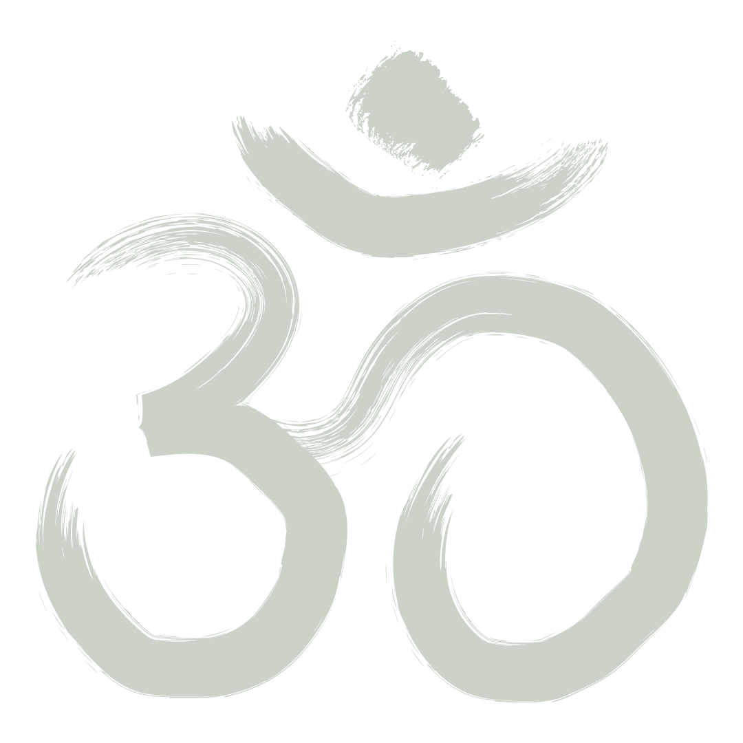 Stylized gray Om symbol with brushstroke aesthetics on a black background.